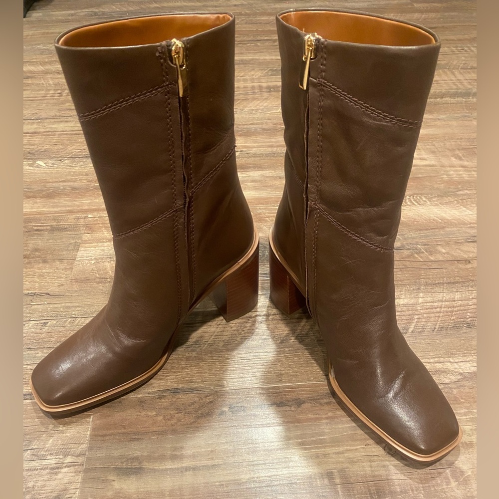 Classic Brown Leather Block Heel Mid-Calf Boots - Picture 8 of 11